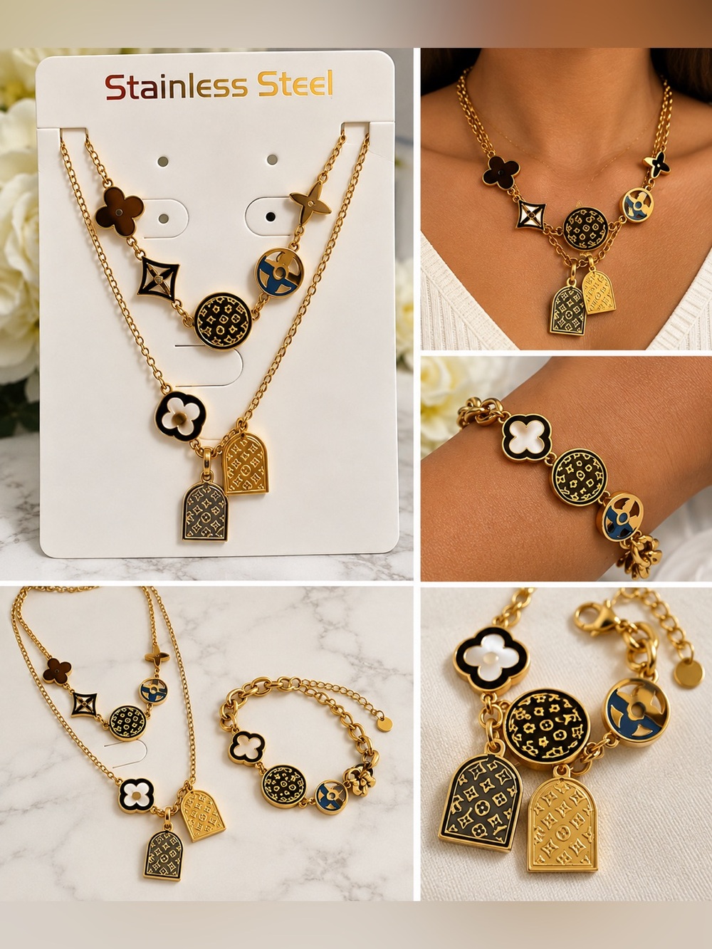 Gold Tone Black & White Floral Charm Necklace and Bracelet Set